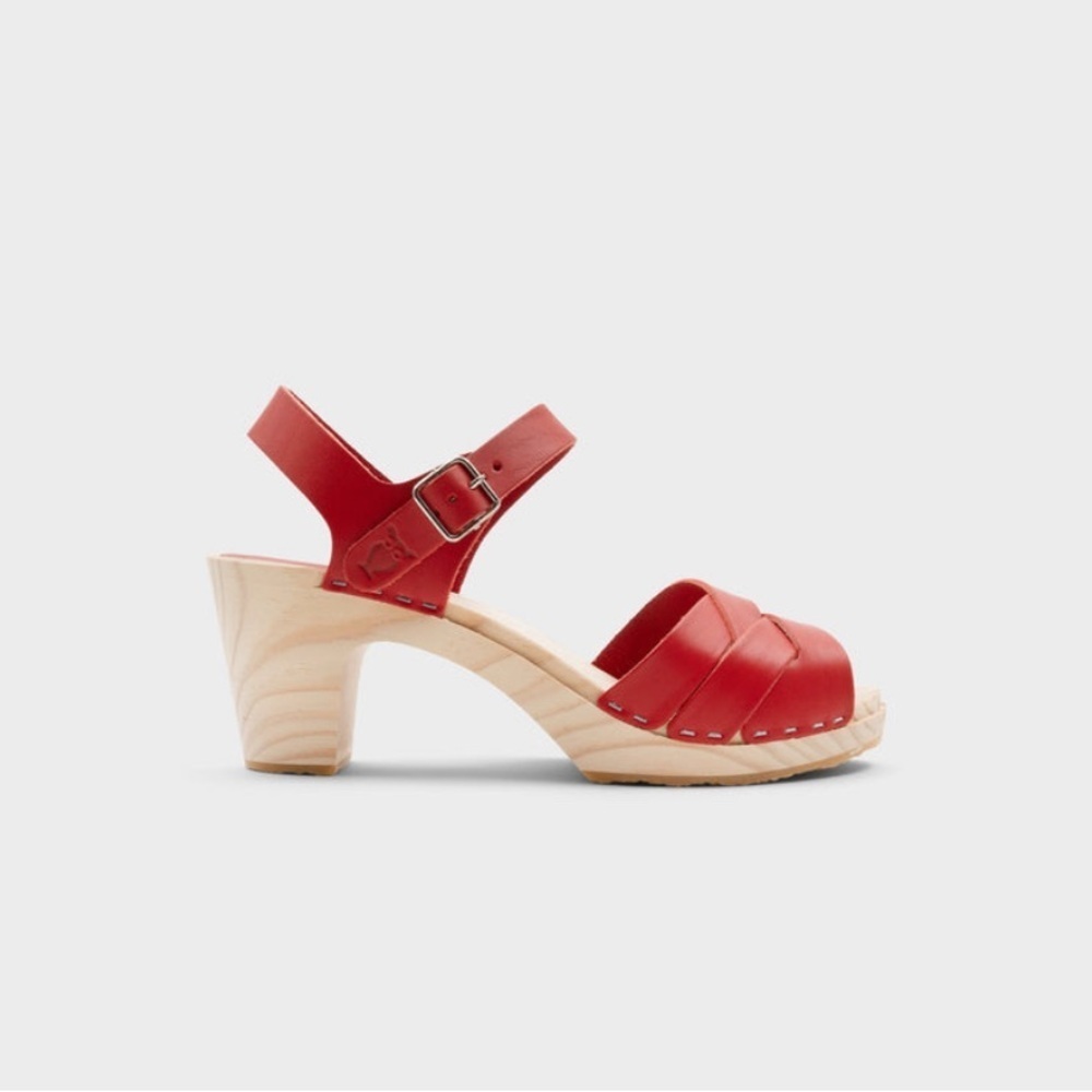 SANDGRENS Rio Grande High-Rise Red Leather Peep Toe Clog Sandal EU41 US10-10.5